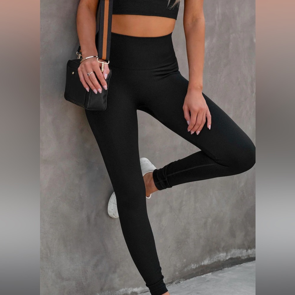 SPANX Black Seamless Sculpt Chevron Ribbed Leggings Size M